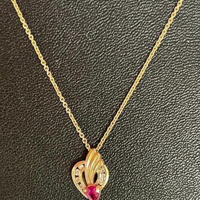 14K Gold Delicate 16 Inch Necklace With 14K Gold  - Diamond & Ruby Pendant - Total Weight - 2.4 Grams