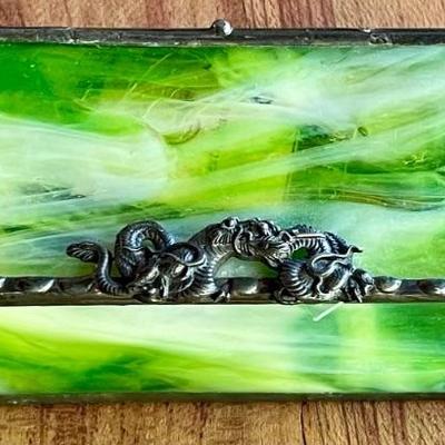Vintage Stained Glass Box With Dragon Motif Filled With Buttons 