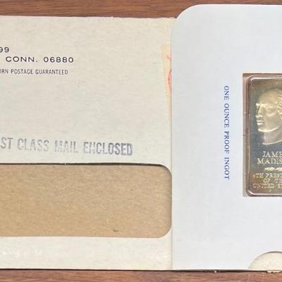 Danbury Mint James Madison Presidential 24kt Gold Plated Bronze One Ounce Proof Ingot With Original Envelope
