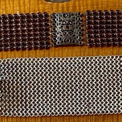 (2) Vintage 7 Inch Bracelets - Garnet Multi Strand And Silver Tone Mesh With Mother Of Pearl Bead 