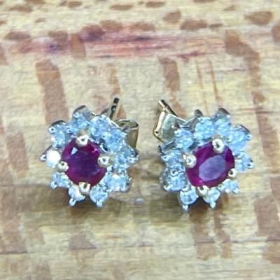14K Gold - Diamond & Ruby Post Earrings - Total Weight 1.76 Grams 