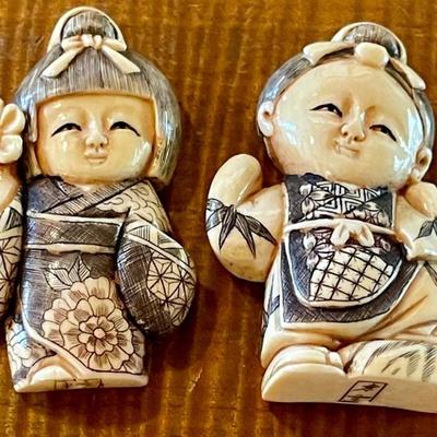 (2) Vintage Signed Netsuke Dolls 