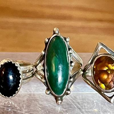 3 Vintage Sterling Silver Rings - Five Gold Rings Fire Opal - Green Stone & Black Onyx Total Weight 16.45 Gram