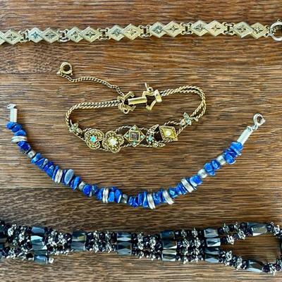 4 Vintage Bracelets - Goldette Charm NY - Warner Gold Tone - Blue Chip Lapis Stone & Hematite Magnet Wrap 