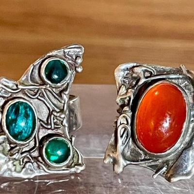 (2) Modernist Handmade Sterling Silver & Stone Rings - Carnelian Size 5 & Green Stone Size 7.5 - 14.41 Grams