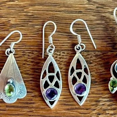 (3) Pairs Of Boho Sterling Silver & Stone Earrings India - Amethyst - Peridot - Moonstone