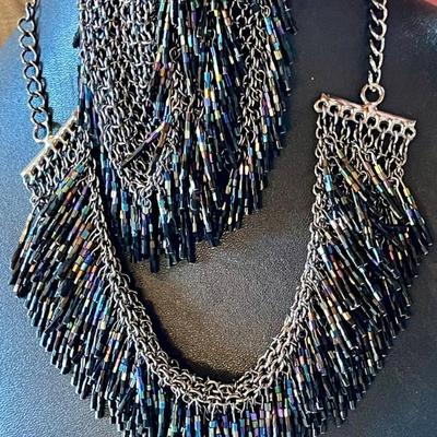 Pair Of Aurora Borealis Glass Bead And Metal 18 Inch Necklace And 8 Inch Bracelet 
