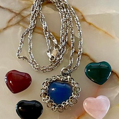 Vintage Sterling Silver Twist Chain With Heart Locket & 5 Stone Exchangeable Hearts - Quartz - Onyx - Lapis