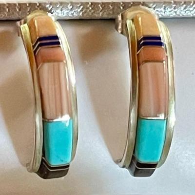 Lonjose Zuni Sterling Silver & Stone Inlay Half Hoop Earrings - Pink MOP - Turquoise - Black Onyx 2.9 Grams