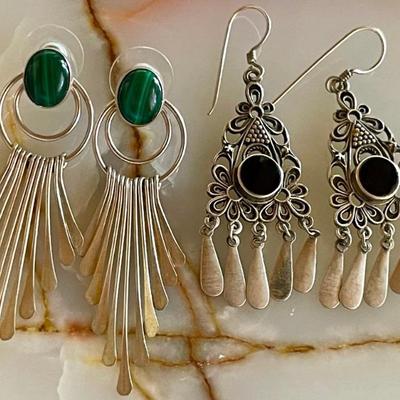 (2) Pairs Of Boho Sterling Silver Earrings - (1) Malachite Stones & (1) Black Onyx Stones - 15.6 Grams 