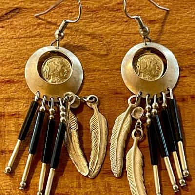 Pair Of Quac Turquoise Native American Sterling Silver Feather Earrings - Total Weight 8.83 Grams