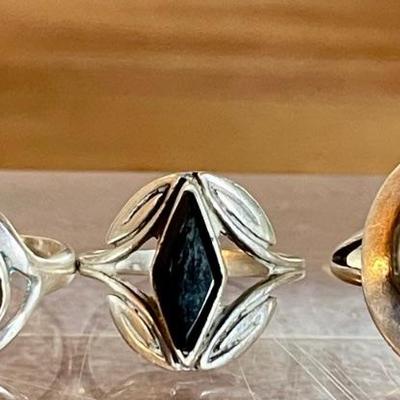 (3) Vintage Sterling Silver Rings - Opal - Onyx And Faux Amber - Total Weight 10.96 Grams