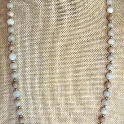 Natural Round Stone & Silver Ball Bead 34 Inch Necklace 