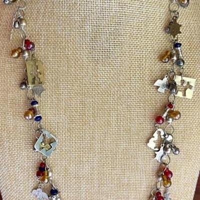 Silver Tone Glass Bead And Boho Charm 34 Inch Necklace 