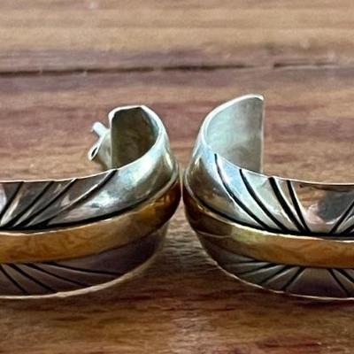 Sterling Silver & 14K Gold Native American Hoop Earrings - Total Weight 9.85 Grams 