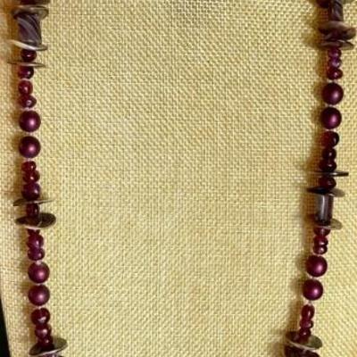 Vintage Shell - Purple Glass Bead And Purple Stone 32 Inch Necklace 
