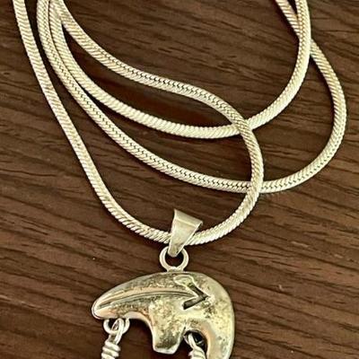 Vintage Navajo Bear & Feather Pendant With 24 Inch Sterling Silver Snake Chain Necklace - 25.51 Grams 