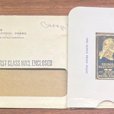 Danbury Mint George Washington Presidential 24k Gold Plated Bronze One Ounce Proof Ingot W/ Original Envelope