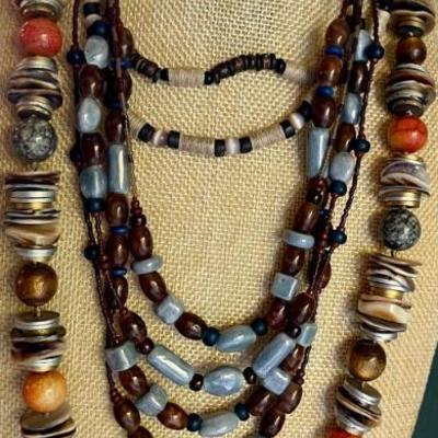 Vintage Les Bernard Bead And Shell Necklace - 4 Strand Blue Bead Necklace - Puca Shell Necklaces