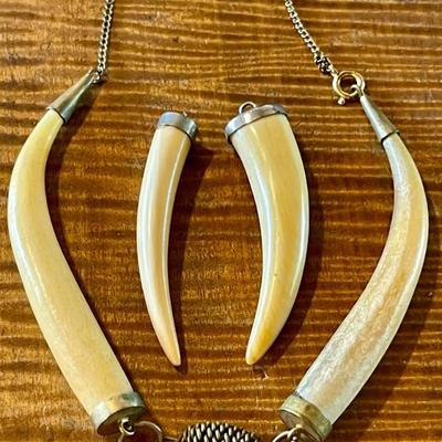 Pair Of Vintage Bone 2.5 Inch Earrings And Matching Bone 13 Inch Gold Filled Necklace (as Is)