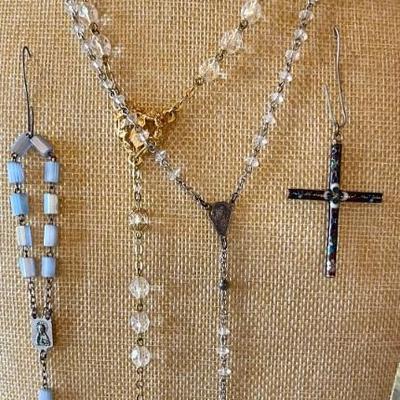 (3) Vintage Puff Bead & Crystal Bead Rosaries (1) Sterling SIlver & (1) Cloisonne Cross Pendant 