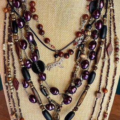 Assorted Bead & Pendant Boho Necklace Lot - Seed Bead - Stone Beads - Silver Tone Cat & More 