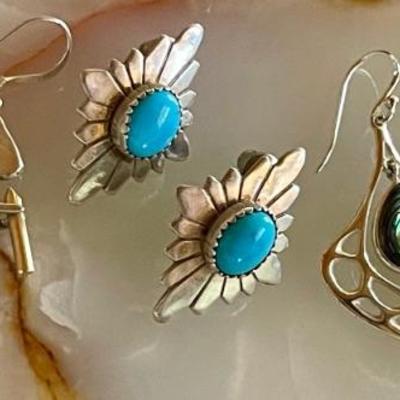 (3) Pairs Of Sterling Silver Earrings- Turquoise - Kokopelli & Abalone Stone - Total Weight 13.07 Grams 