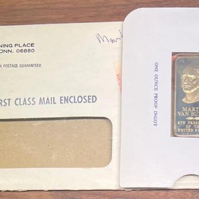 Danbury Mint Martin Van Buren Presidential 24k Gold Plated Bronze One Ounce Proof Ingot With Original Envelope