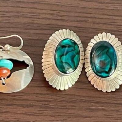(3) Pairs Of Sterling Silver Earrings - Blue Stone - Turquoise & Red Bead & Black Onyx Bead  Weight 18.23 Grms