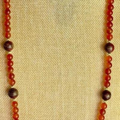 Vintage Carnelian Bead & Cloisonne Bead 32 In Necklace 