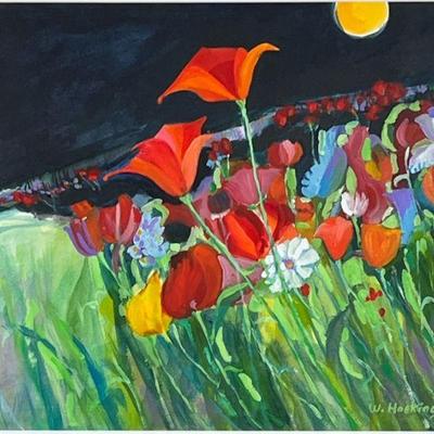 W. HOSKING PAINTING | My Imaginary Spring Garden. Mixed media on paper. 21 x 29 in. sight. Signed and dated lower right, titled on verso...