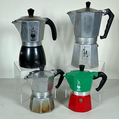 (4pc) BIALETTI ESPRESSO POTS | Lot of 4 Bialetti stovetop espresso pots of various sizes, made in Italy - h. 9.5 x w. 5 x l. 8 in

