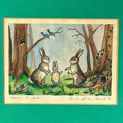 PAULA DECKER EVERITT PRINT | Learning To Walk! Print. 4 x 5.5 in. sight. Signed & titled on bottom - w. 9.5 x l. 10.5 in (frame)

