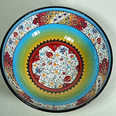 COLORFULLY GLAZED BOWL | Colorfully glazed serving bowl with flowers - h. 4 x dia. 12 in


