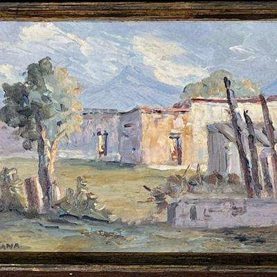 J.F. Santana Oil Painting | Mexican village. Oil on board. 5.75 x 8.5 in sight. Signed lower left, marked on verso. - w. 11 x l. 14.25 x...