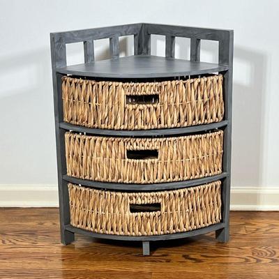 CORNER SHELVING UNIT | Having 3 wicker drawers - h. 27.5 x w. 15.5 x l. 15.5 in

