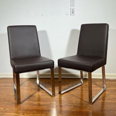 (2pc) PAIR BROWN LEATHER SIDE CHAIRS | Pair of brown leather side chairs with metal vase - h. 36 x w. 19 x l. 20 in

