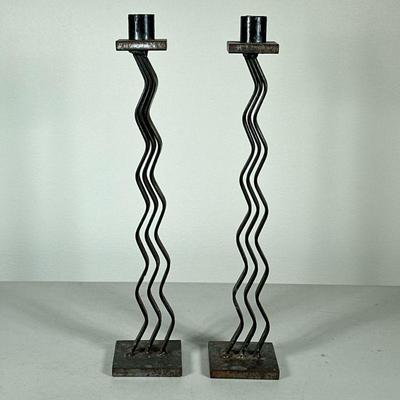(2pc) MILLSCALE IRON CANDLESTICKS | Bent iron candlesticks from MillScale - h. 15.5 x w. 3 x l. 3 in

