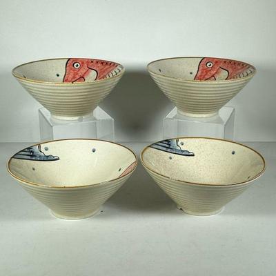 (4pc) LARGE SOUP BOWLS | Ceramic glazed large soup/ramen bowls decorated with fish - h. 4 x dia. 9 in

