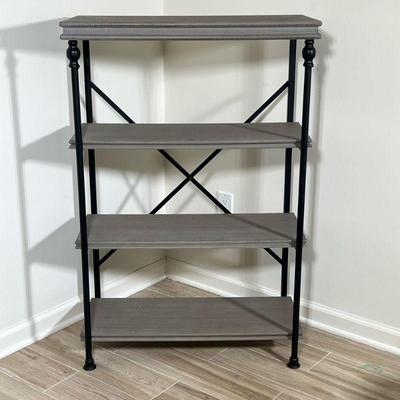 WOODEN ETAGERE | Having metal frame with x-stretcher on back and 4 open shelves. - h. 4 x w. 14 x l. 29 in

