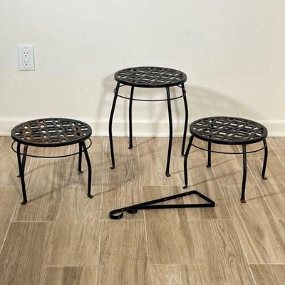 (4pc) IRON PLANT STANDS | Including 3 cast iron plant stands and hook - h. 15 x dia. 12 in (largest)

