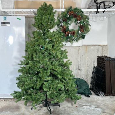 (2pc) CHRISTMAS TREE & WREATH | Artificial Christmas tree in rolling case and decorated wreath with pine cones and ornaments - h. 78 in

