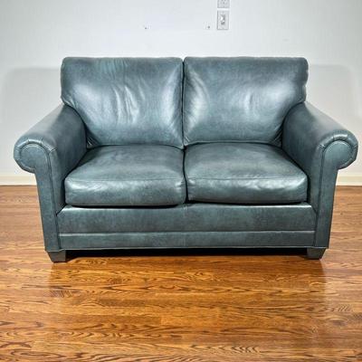 CLASSIC LEATHER LOVESEAT | Azure green leather 2-cushion sofa/loveseat from Classic Leather, nearly new purchased 2022! - h. 38 x w. 36 x...