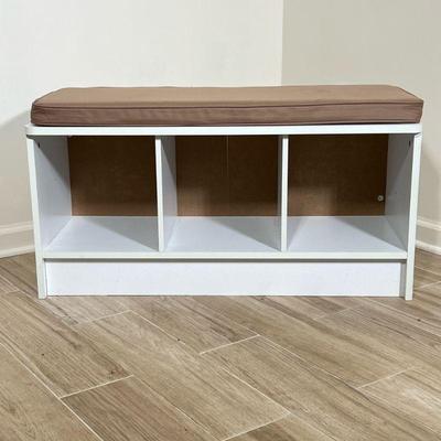 STORAGE BENCH | Wood storage bench with foam cushions over 3 cubbies - h. 19 x w. 14 x l. 36 in

