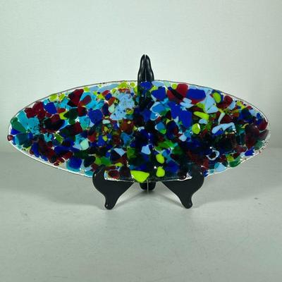 ART GLASS TRAY | Colorful art glass oval tray made of various colorful melted glass - w. 6.25 x l. 16 in

