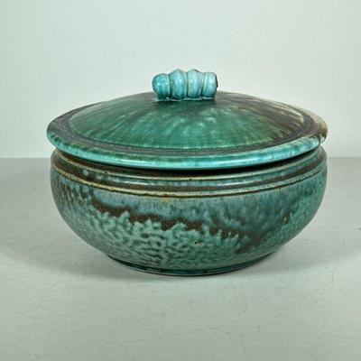 SIGNED ART POTTERY LIDDED BOWL | Raku glazed art pottery bowl with lid & signature on bottom - h. 6 x dia. 9 in

