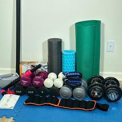 MIXED WORKOUT EQUIPMENT | Including: 3lbs, 10 lbs, 12lbs, 2 pair of 15lbs, dumbbells, wrist & ankle weights, yoga mat, foam rollers, and...