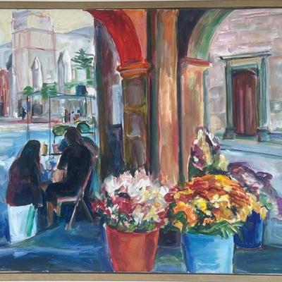 L READ OIL PAINTING | Flower shop. Oil on canvas. Signed "LREAD" lower right - w. 29.5 x l. 39 x dia. frame in

