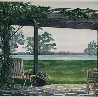 LINDA LUKE WATERCOLOR PRINT | On the patio Watercolor print on paper. 17 x 23.5 in sight. Signed & numbered “6/100” lower right - w....