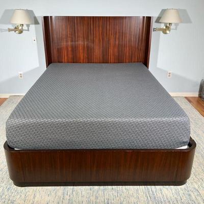 ETHAN ALLEN QUEEN BED FRAME | Queen bedframe with full skirt and curved headboard. - h. 52 x w. 64 x l. 86 in

